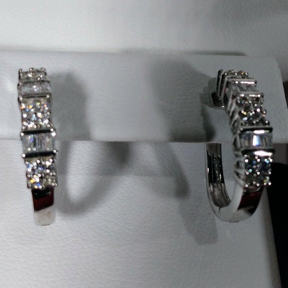 Sterling Silver Baguette & Round-Cut Cubic Zirconia Post Hoop Earrings(B8) - Picture 1 of 3